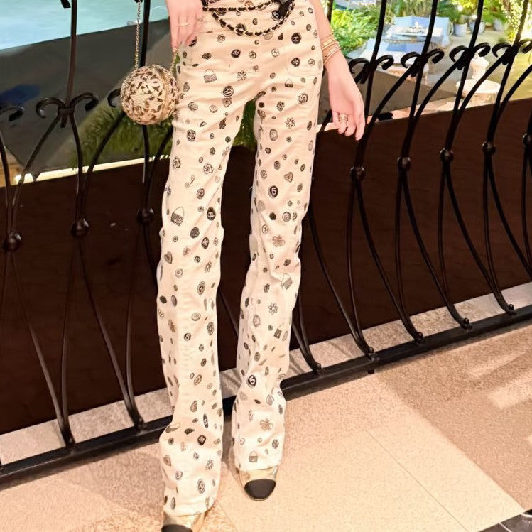 Chanel Women's Spring/Fall Fashion Casual Solid Color Classic Print Long Leg Denim Pants #78936