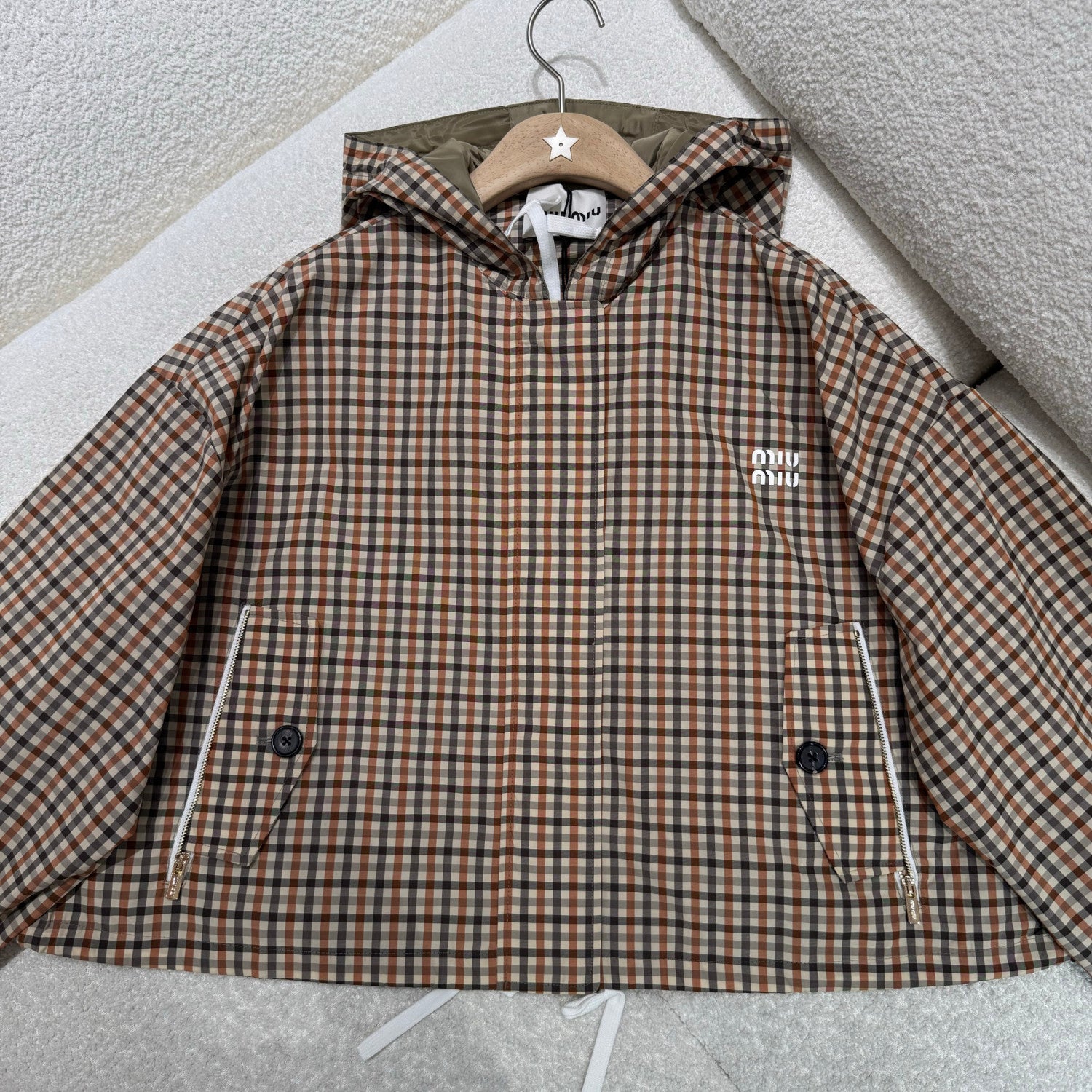 MiuMiu Women's Spring/Summer Fashion Casual Hooded Zipper Waist Elastic Checkered Jacket Waist Elastic Drawstring Checkered Casual Short Skirt Suit Set #79158
