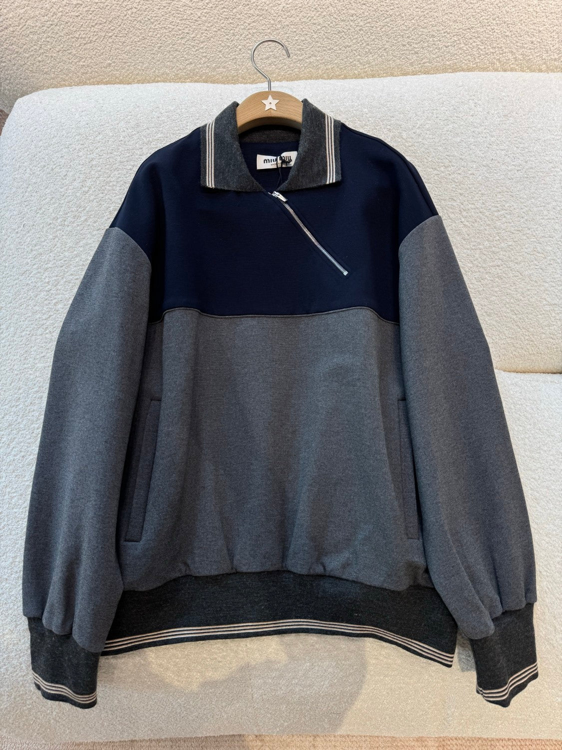 MiuMiu Women's Spring/Fall Casual Fashion Collared Pullover Diagonal Zipper Design Contrasting Color Long Sleeves Sweatshirt #79327