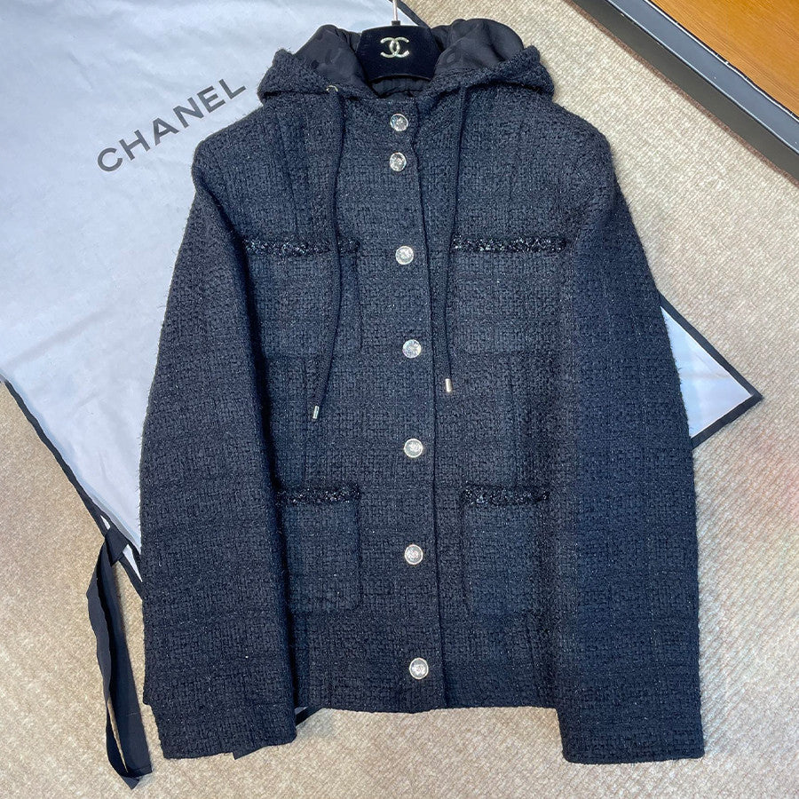Chanel Women's Fall/Winter Multi-Pocket Tweed Solid Color Single-Breasted Long-Sleeve Hooded Jacket Ngvp #2371