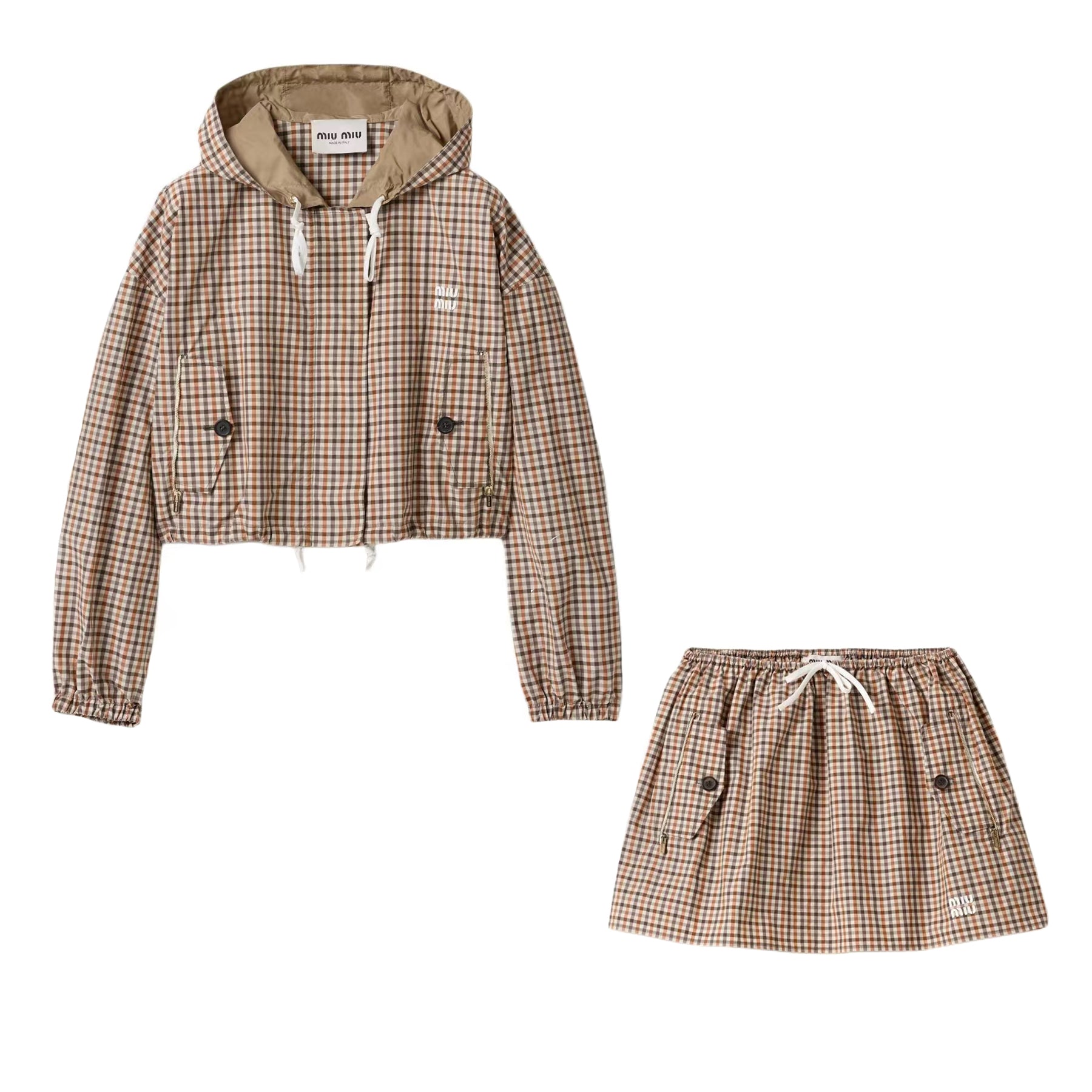 MiuMiu Women's Spring/Summer Fashion Casual Hooded Zipper Waist Elastic Checkered Jacket Waist Elastic Drawstring Checkered Casual Short Skirt Suit Set #79158