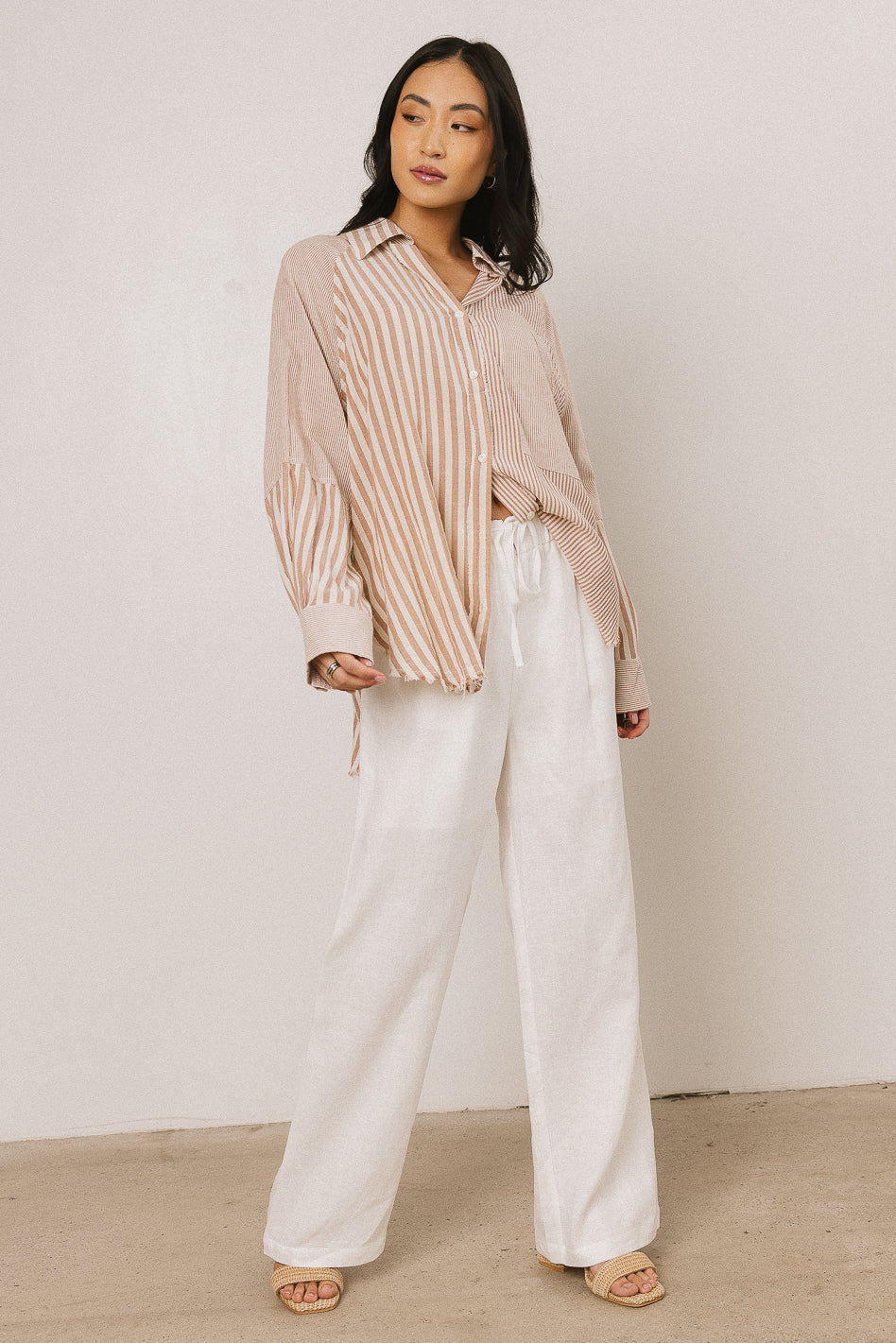 Gia Striped Button Up in Taupe