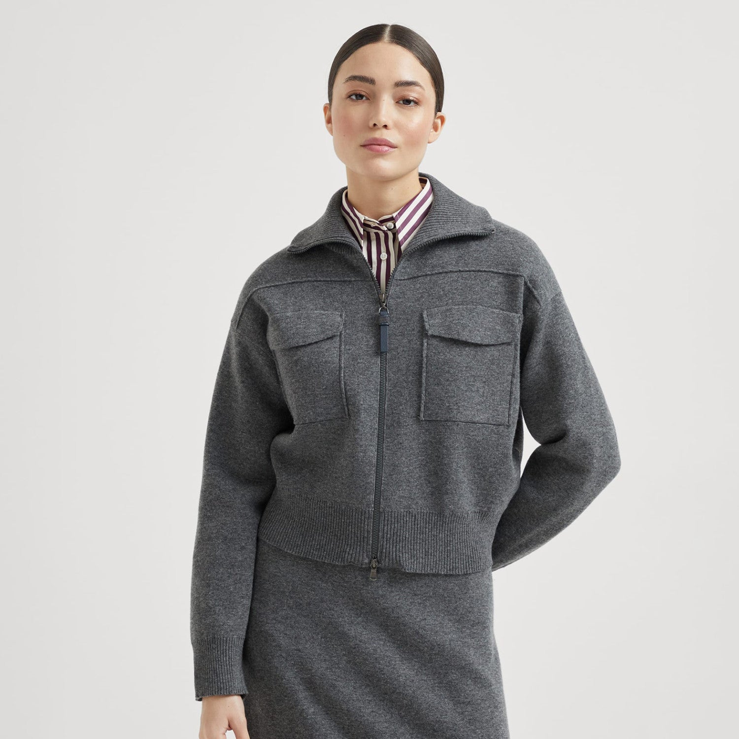 Brunello Cucinelli Women's Spring/Fall Cashmere High-Neck Zipper Coat Solid Color Long-Sleeve Double-Faced Knit Cardigan With Shiny Zipper Pull Ngvp #2312