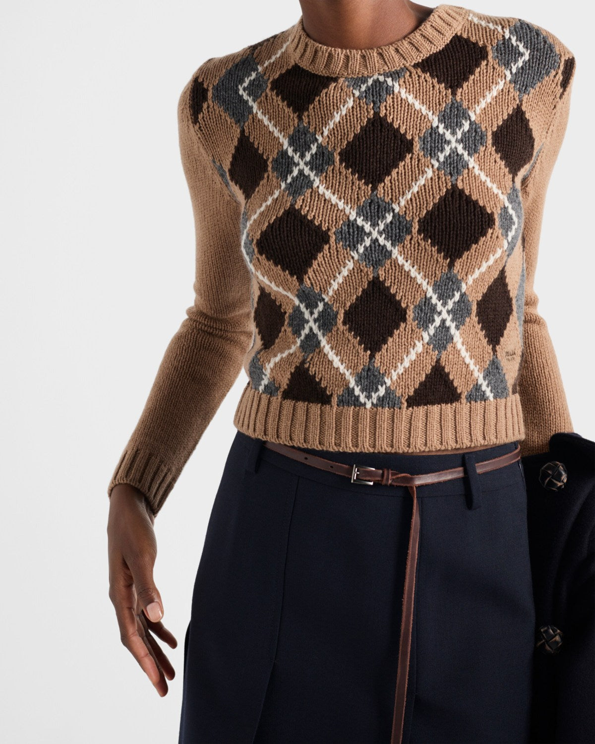 Prada Women's Fall/Winter Fashion Casual Crewneck Pullover Diamond Pattern Cashmere Short Sleeve Sweater #78788