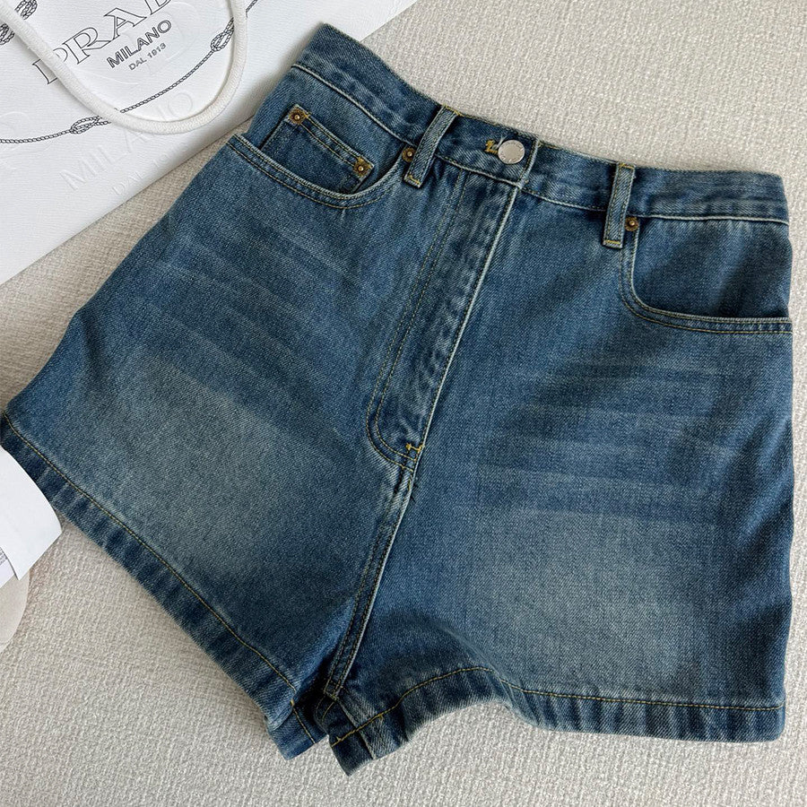 Prada Women's Summer High-Waisted Solid-Color Cotton Logo Denim Shorts #81526