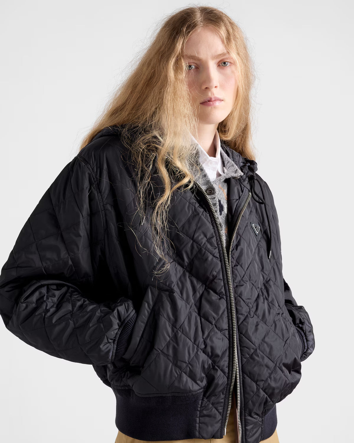 Prada Women's Lightweight Quilted Re-Nylon Jacket Logo Print Zipper Long Sleeve Solid Color Hooded Jacket #81724