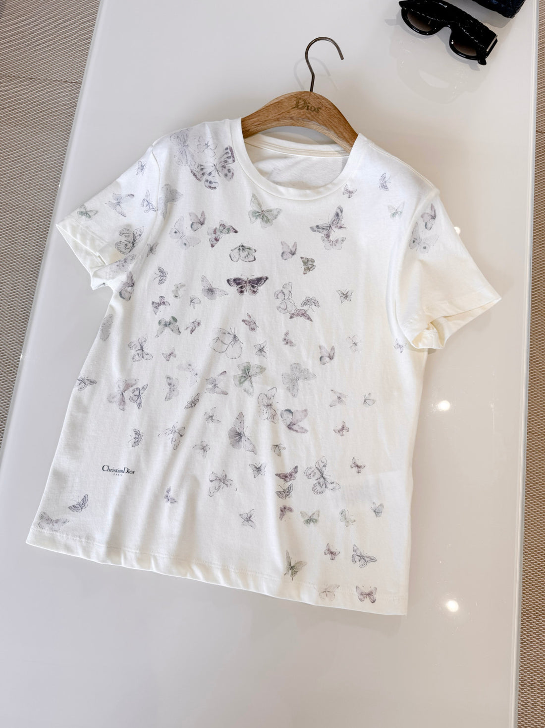 DIOR T-Shirt Beige Cotton Jersey with Multicolor Dioresque Butterfly Motif #335854