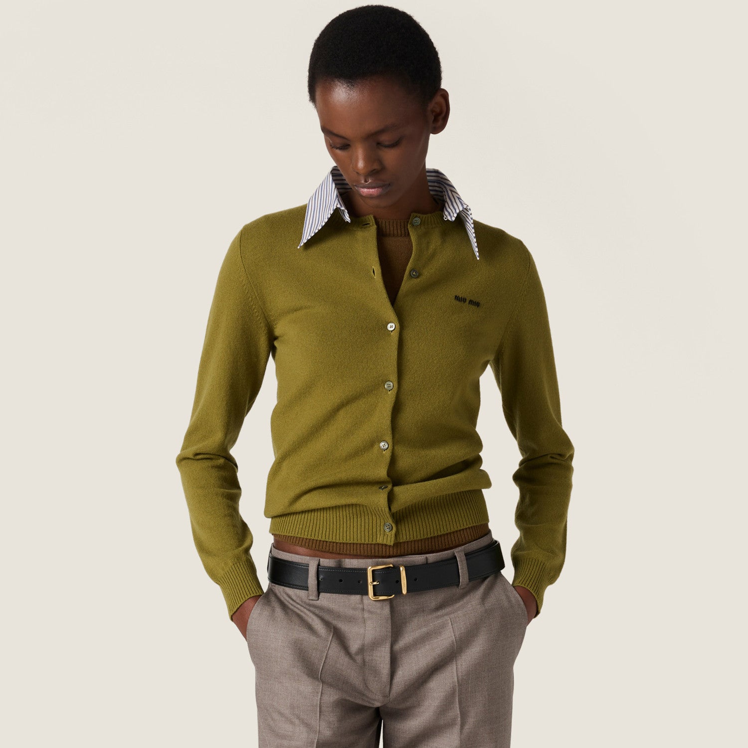 MiuMiu Women's Fall/Winter Fashion Classic Solid Color Lapel Single Breasted Solid Color Knit Long Sleeve Cardigan #79241