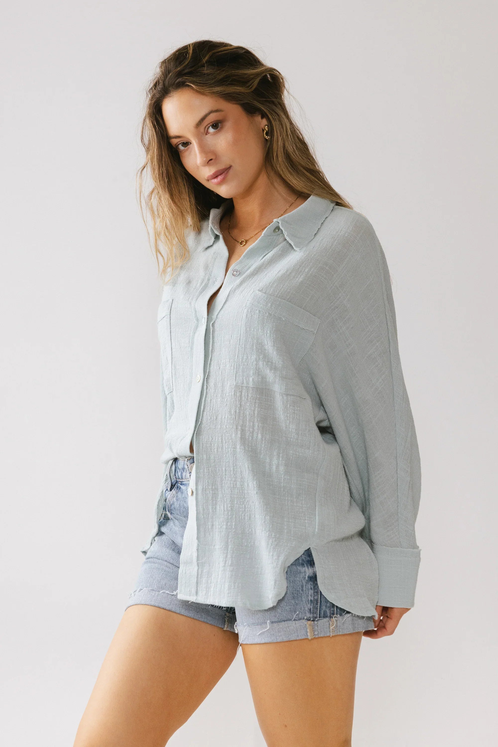 Lucie Linen Button Up in Blue