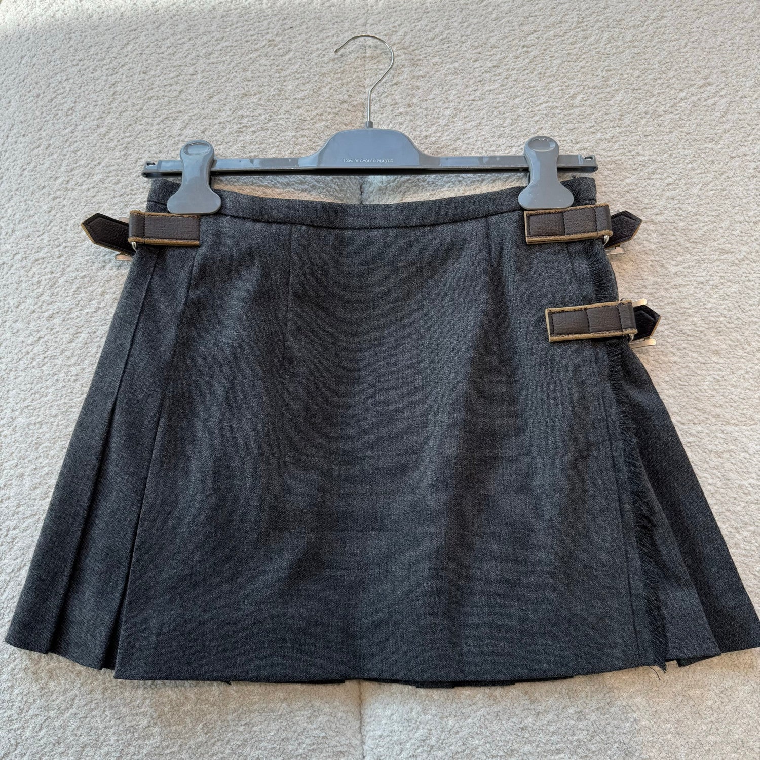 PRADA Slate Gray Pleated Rush Stitch Wool Miniskirt #335944