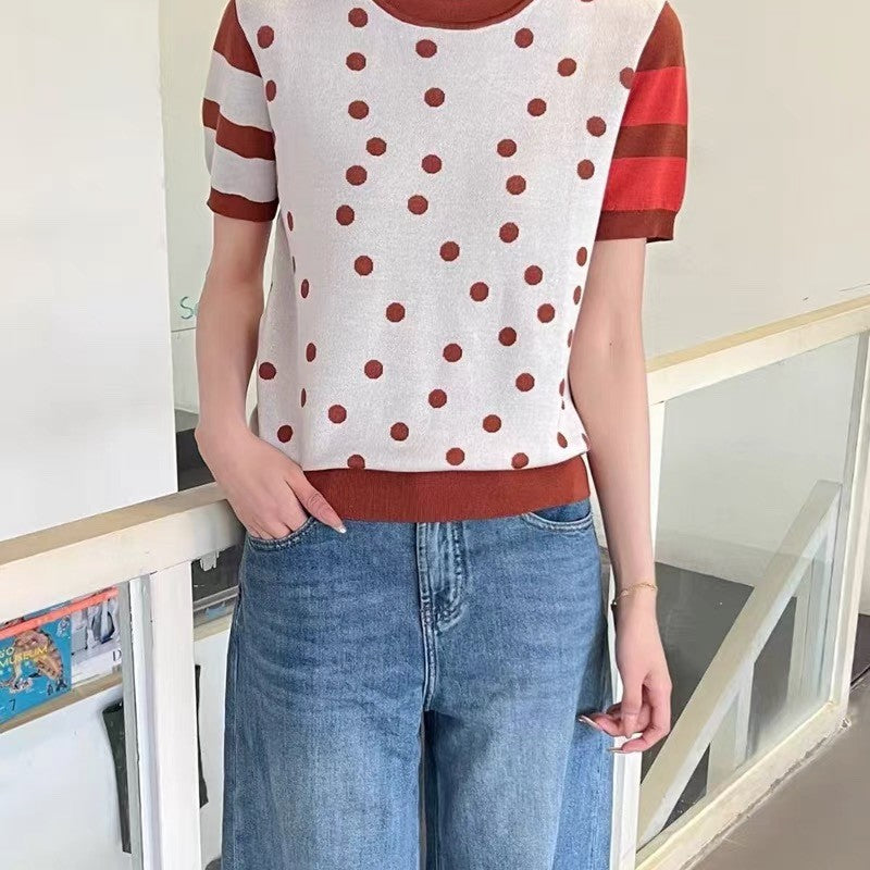 Hermes Women's Spring And Summer Cashmere Knitted T-shirt Round Neck Short-sleeved Color Collision Striped Polka Dot Short Knitted Sweater Bottoming Sweater Ngvp #2473