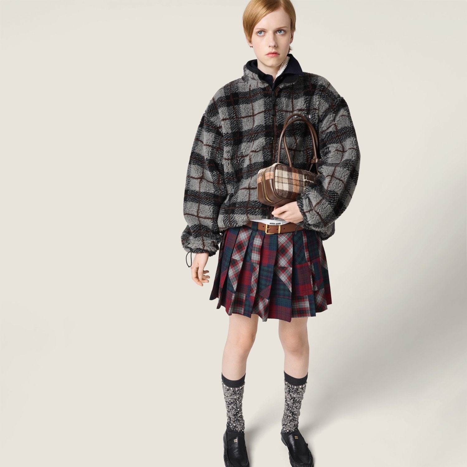 MiuMiu Gray black Checked Teddy Zipper Jacket #335443