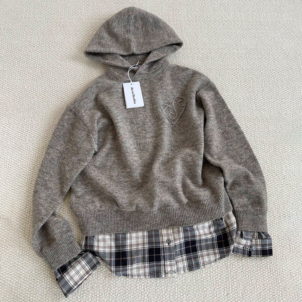 Acne Studios FW25 Women's Layered Wool Hoodie Beige Plaid Patchwork Sweater #332244