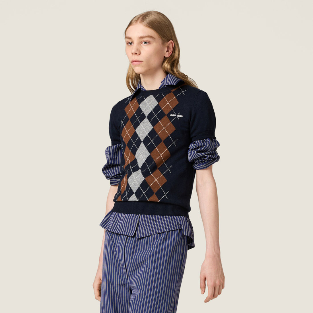 MiuMiu Women's Summer Fashion Casual Crew Neck Diamond Pattern Slim-Fit Short Sleeve Cashmere T-Shirt #78466