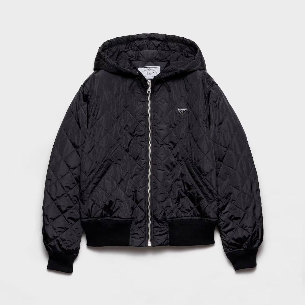 Prada Women's Lightweight Quilted Re-Nylon Jacket Logo Print Zipper Long Sleeve Solid Color Hooded Jacket #81724