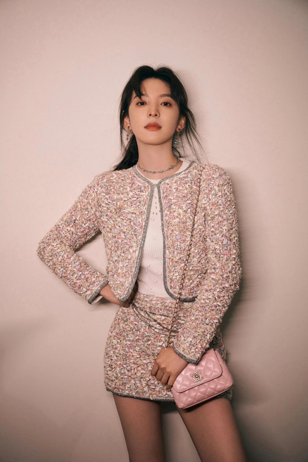 Chanel Women's Spring/Autumn Round Neck Rhinestone Trim Color Block Long Sleeve Cardigan Jacket Casual Tweed Stretch Skirt Ngvp #2274