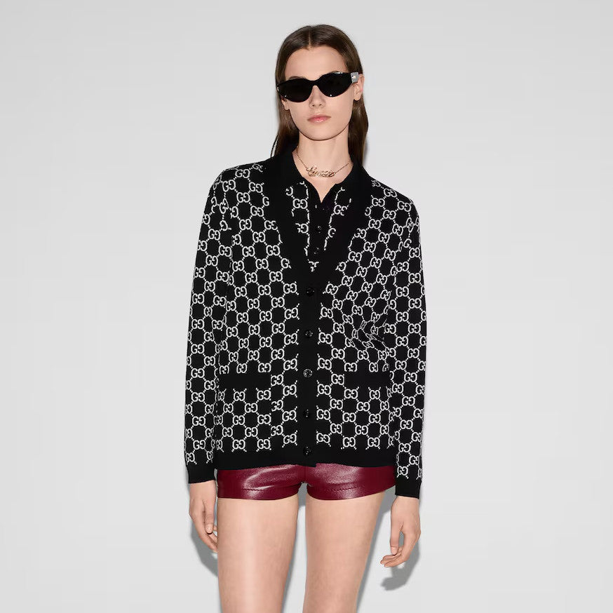 Gucci Men's And Women's Fall/Winter Fashion Casual Vintage Elegant V-Neck Single Button Reversible Logo Jacquard Knit Wool Cardigan #78587