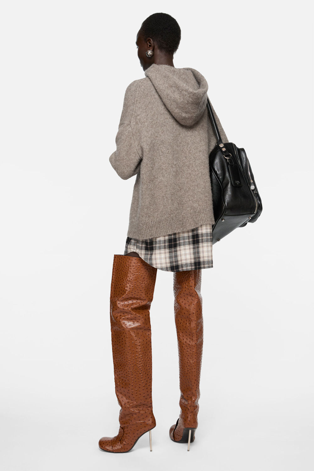 Acne Studios FW25 Women's Layered Wool Hoodie Beige Plaid Patchwork Sweater #332244