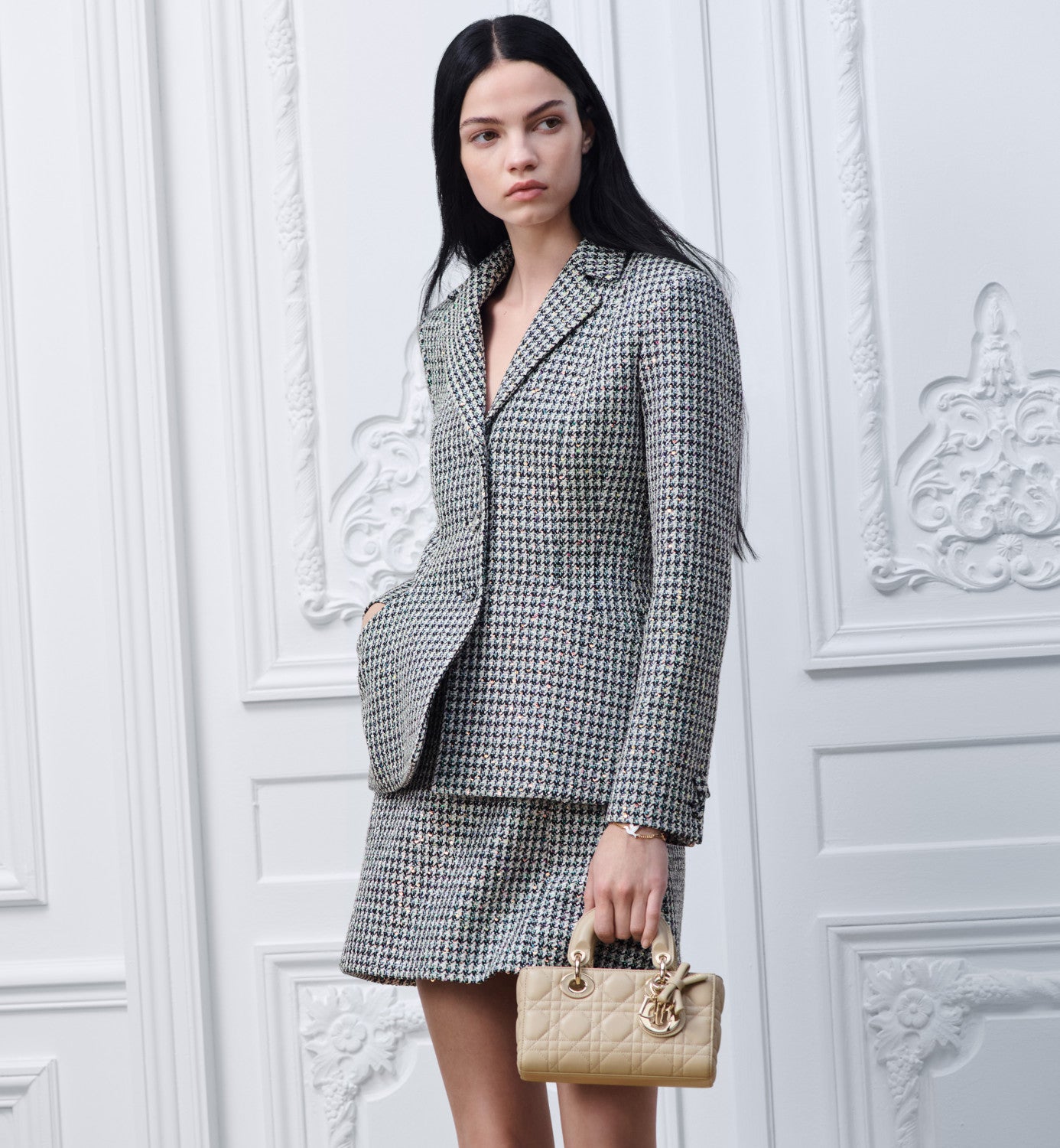 Dior Bar Blazer Skirt Black and White Houndstooth Virgin Wool Blend With Multicolor Sequins #377177