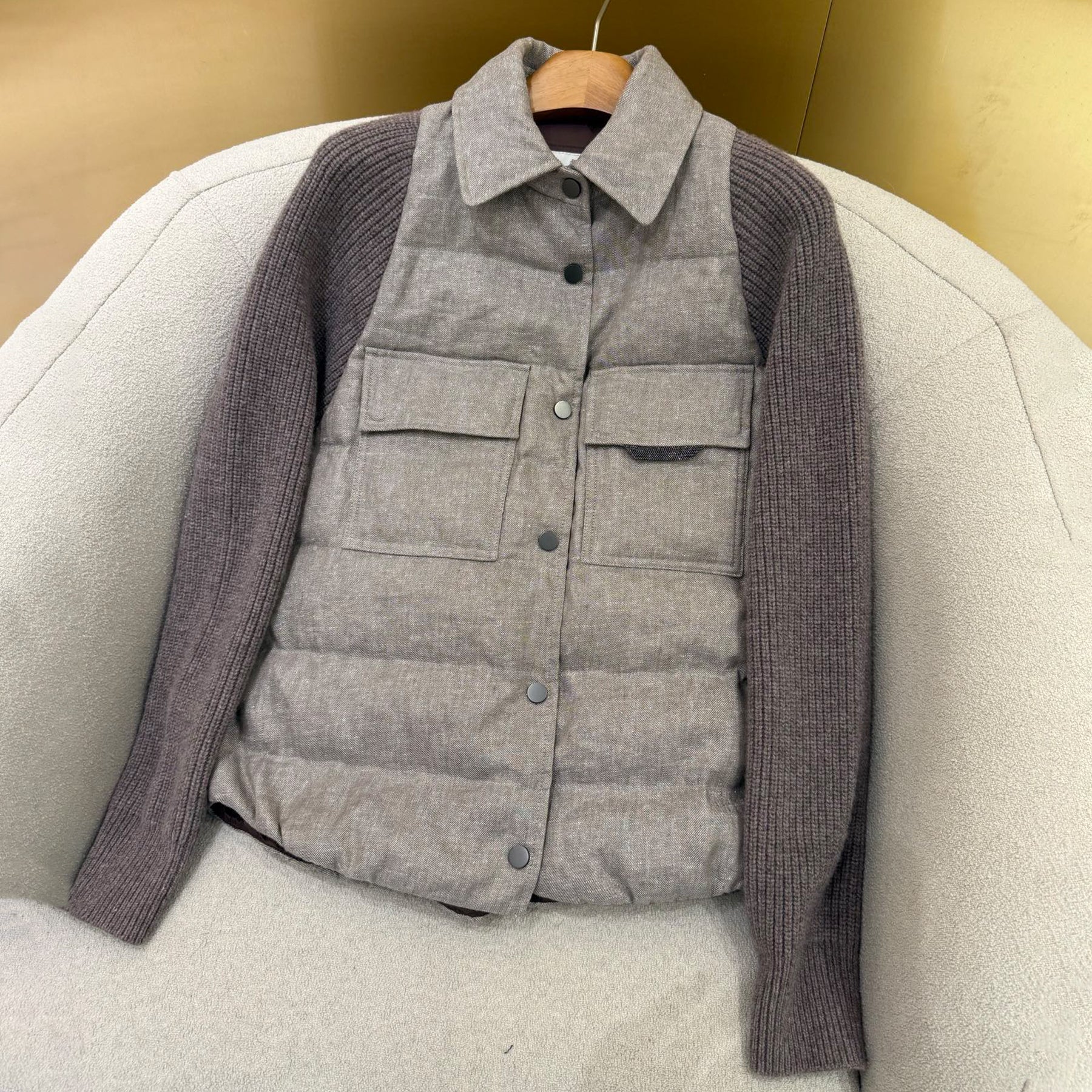 Brunello Cucinelli Women's Autumn And Winter Linen Goose Down Jacket 100% Wool Knit Sleeve Sequins Accessories Single Breasted Jacket Ngvp #2648