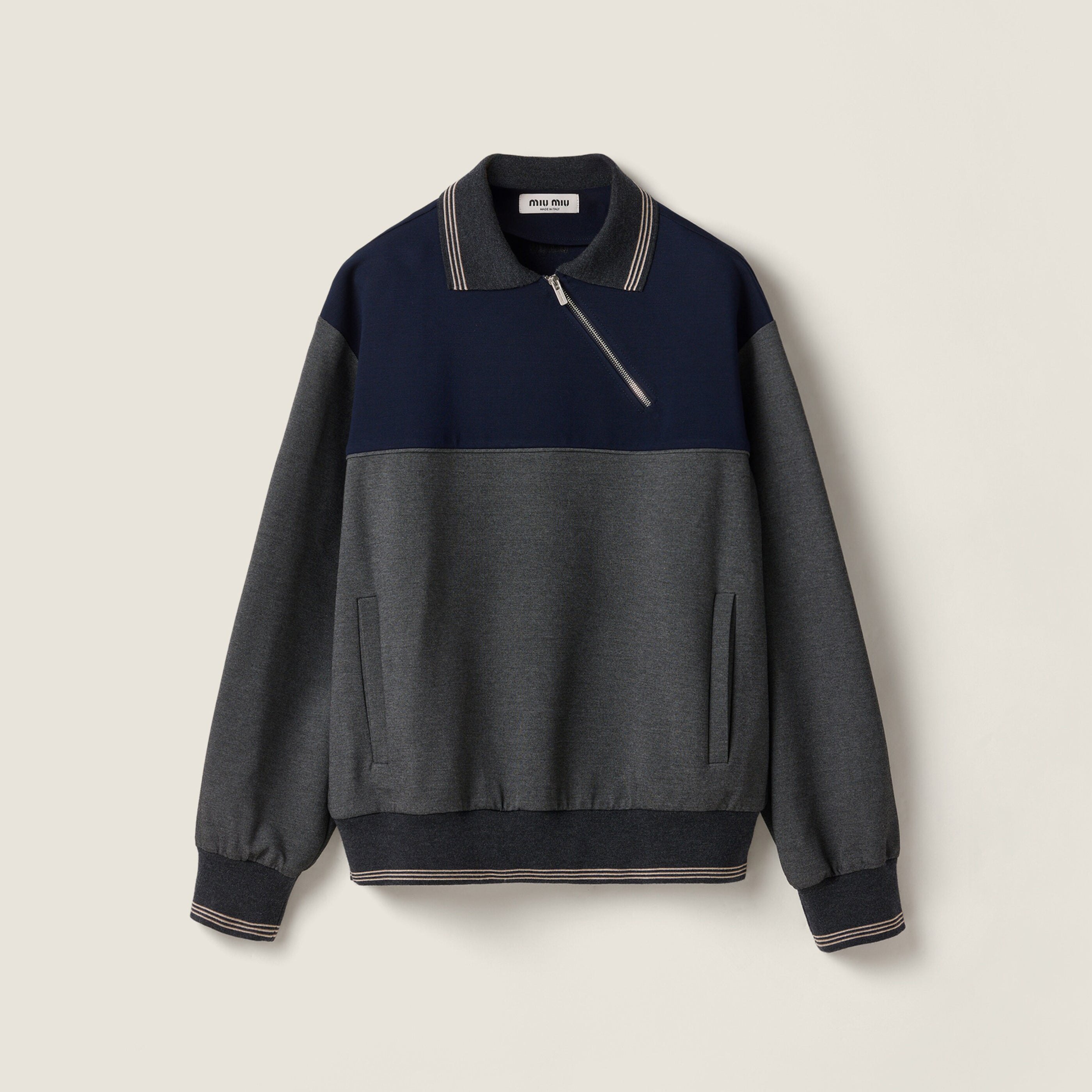 MiuMiu Women's Spring/Fall Casual Fashion Collared Pullover Diagonal Zipper Design Contrasting Color Long Sleeves Sweatshirt #79327