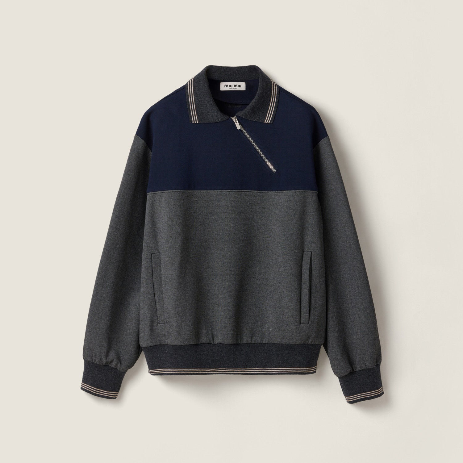 MiuMiu Women's Spring/Fall Casual Fashion Collared Pullover Diagonal Zipper Design Contrasting Color Long Sleeves Sweatshirt #79327