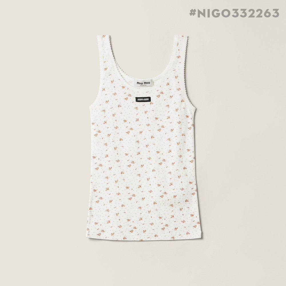 MIUMIU Women's Ribbed Knit Crew Neck Logo Patch Straight Tank Top #332263