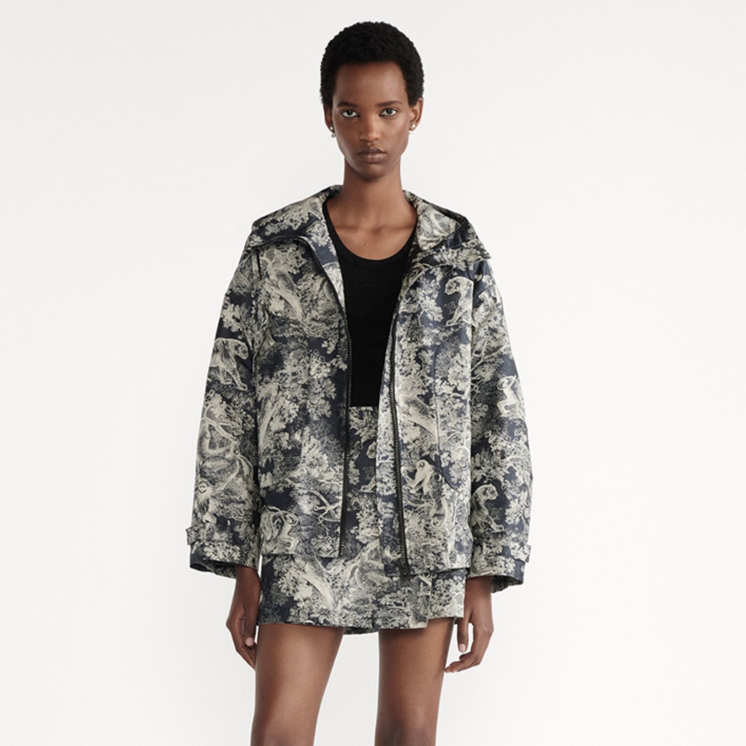 Dioriviera Women's Spring/autumn Fashion Classic Sauvage Printed Pattern Hooded Zipper Jacket High Waisted Short Casual Skirt Pants Shorts Suit Set #78378
