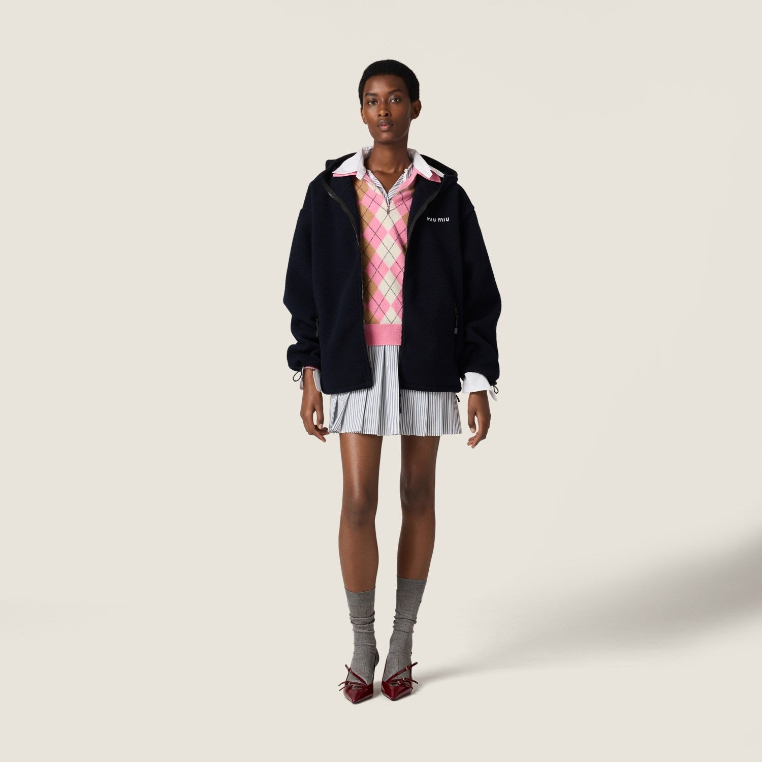 MiuMiu Women's Logo Embroidered Zipper Half-High Neck Solid Fleece Jacket Spring/Fall Long Sleeve Oversized Hooded Sweatshirt #81577