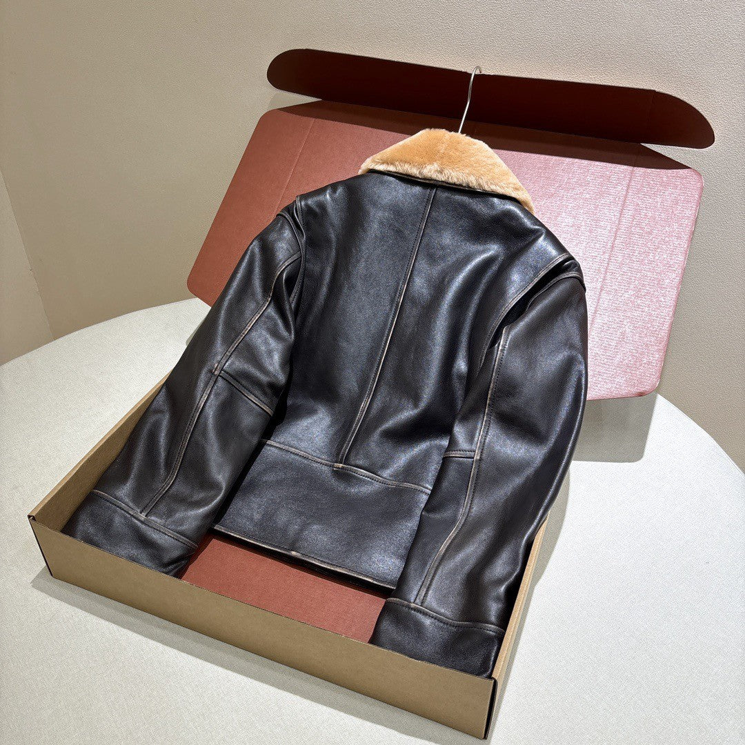 MiuMiu Women's Fur Collar Vintage Distressed Zip Black Nappa Leather Jacket #332783