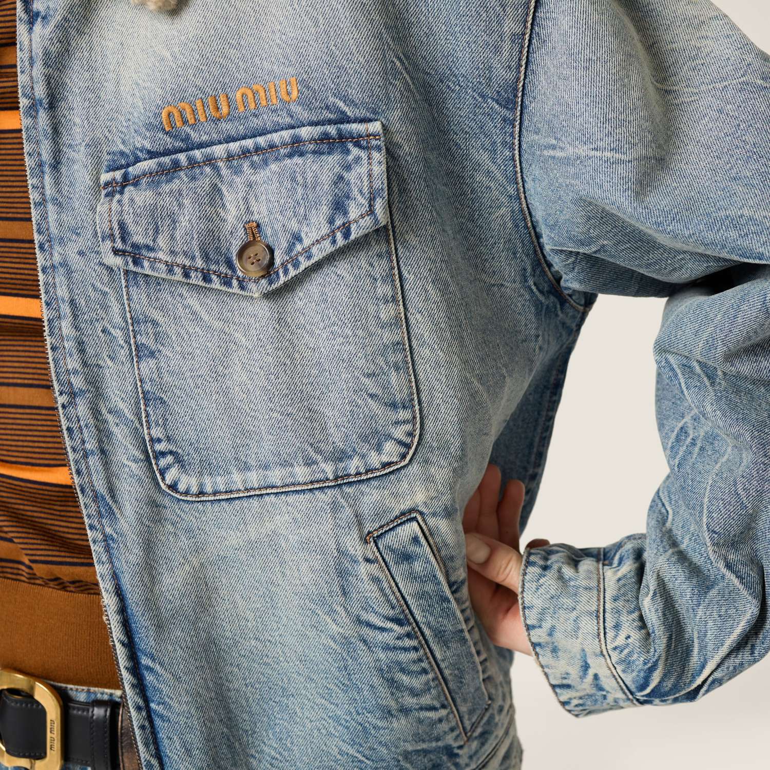 MiuMiu Denim and Wool Trucker Jacket Washed Embroidery Light Blue #332979