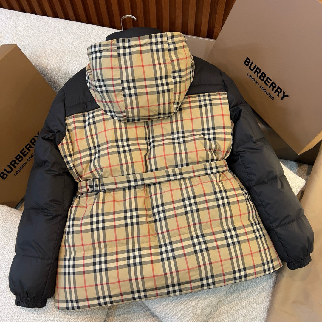 Burberry Women's Winter Fashion Casual Color Blocked High Neck Zipper Reversible Checkered Waist-Defining Down Jacket #78983
