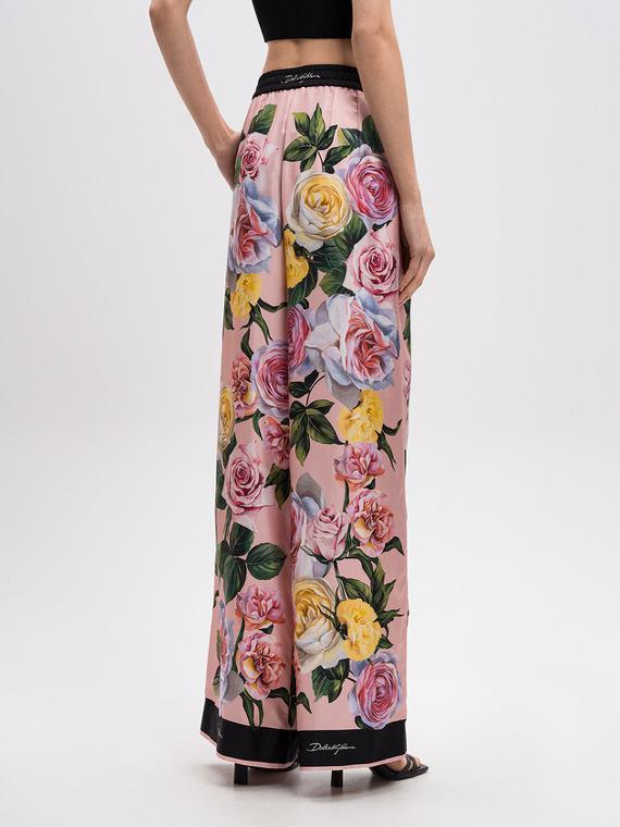 Dolce&Gabbana Women's Autumn/winter Floral Print Silk Satin Blouse  Shirt With Belted Collar Straight-leg Casual Trousers Pants Set Suit  Ngvp #2628