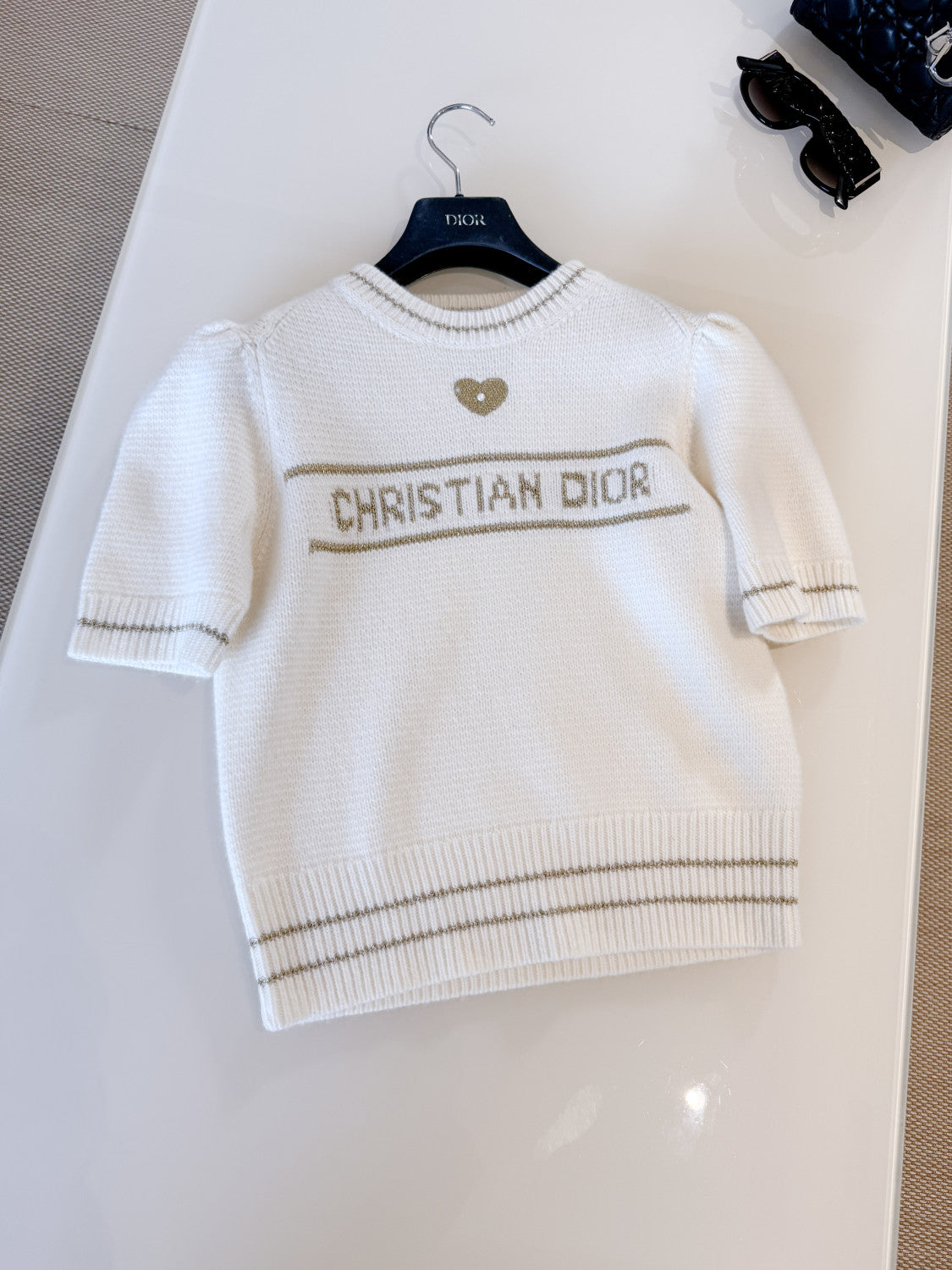 DIOR Short-Sleeved Sweater Ecru and Gold-Tone Virgin Wool-Cashmere Blend Knit #335676