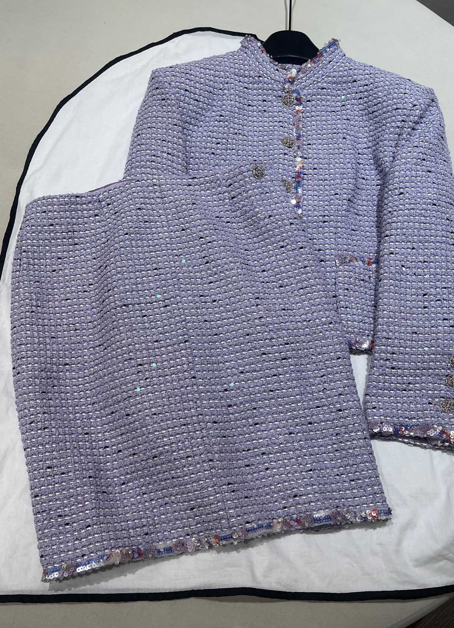 Chanel Jacket Skirt Cotton Tweed Sequins Lilac #376154