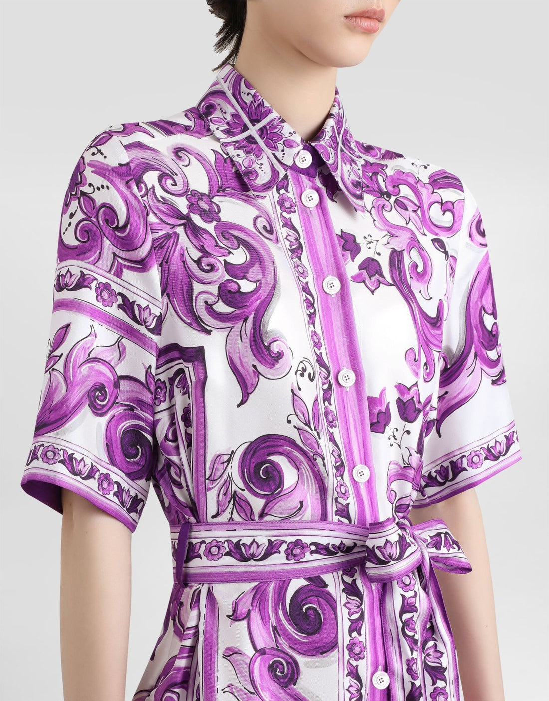 Dolce&Gabbana Women's Majolica Printed Silk Solid Color Summer Lapel Single-Breasted Tie Twill Shirt Dresses Ngvp #2317