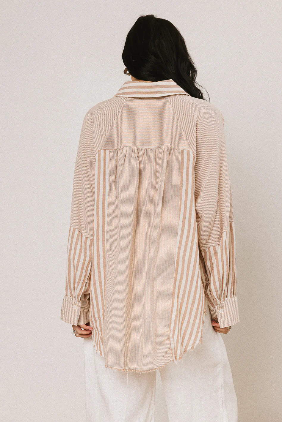 Gia Striped Button Up in Taupe
