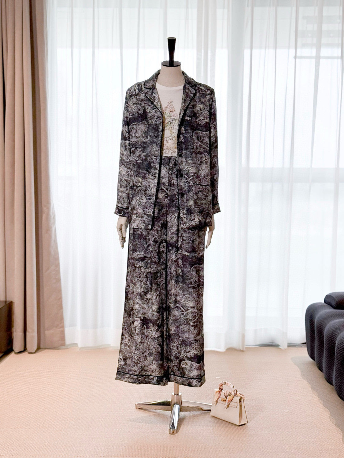 Dior Women's Spring/Summer/Fall Dioriviera Printed Loose Collar Long Sleeve Shirt Silk Elastic Waist Casual Straight Leg Pants Homewear Ngvp #2269