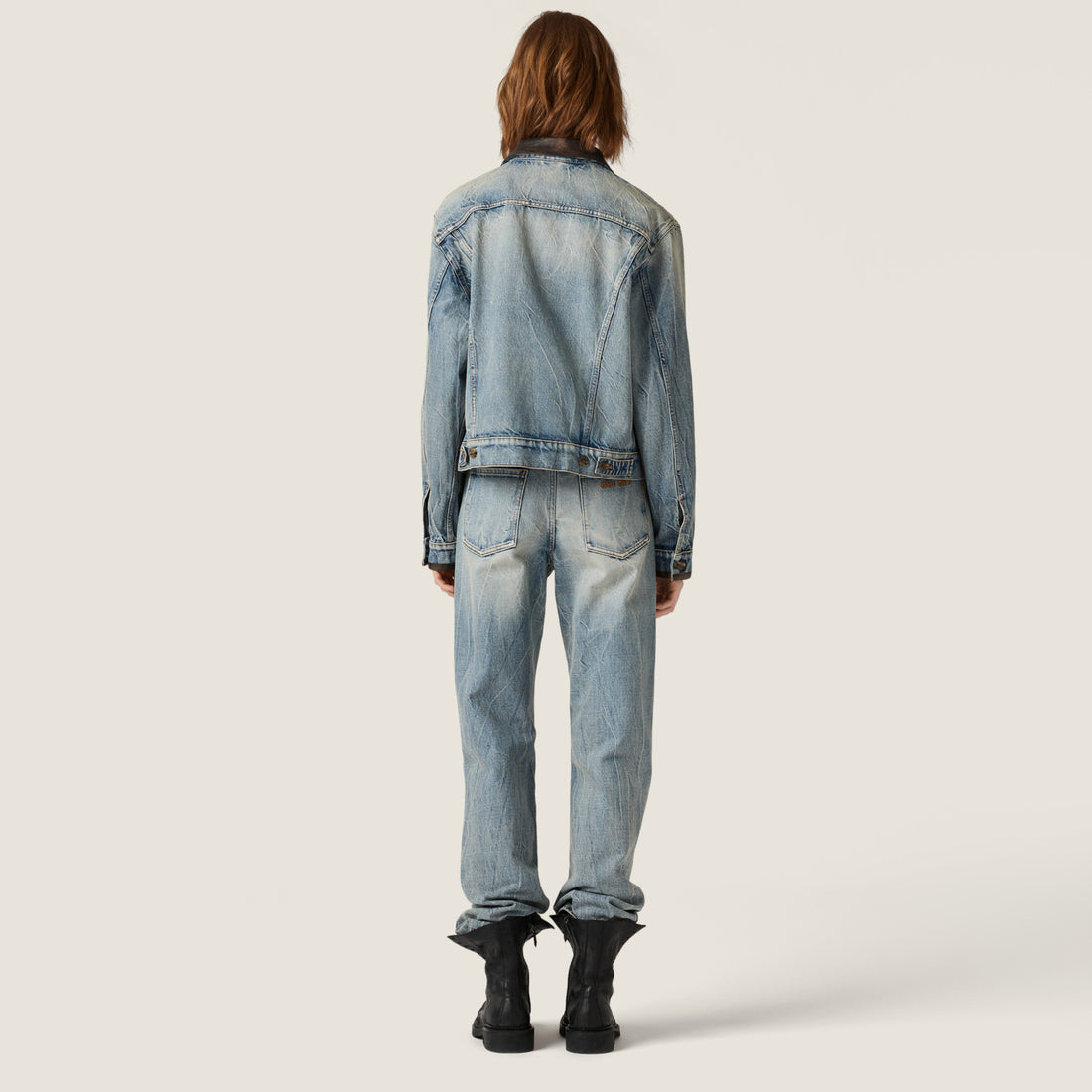 MiuMiu Women's Spring/Fall Fashion Casual Lapel Single Breasted Patchwork Leather Denim Jacket Stylish Relaxed Fit Denim Pants Suit Set #79385