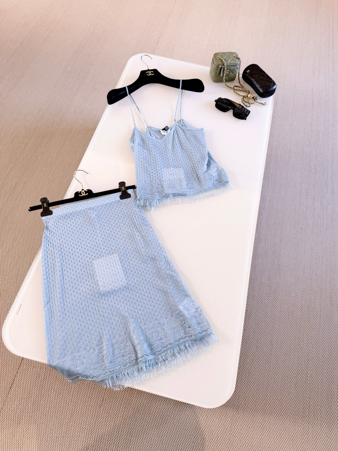 Chanel Top Midi Skirt Mixed Fibers Light Blue #377753