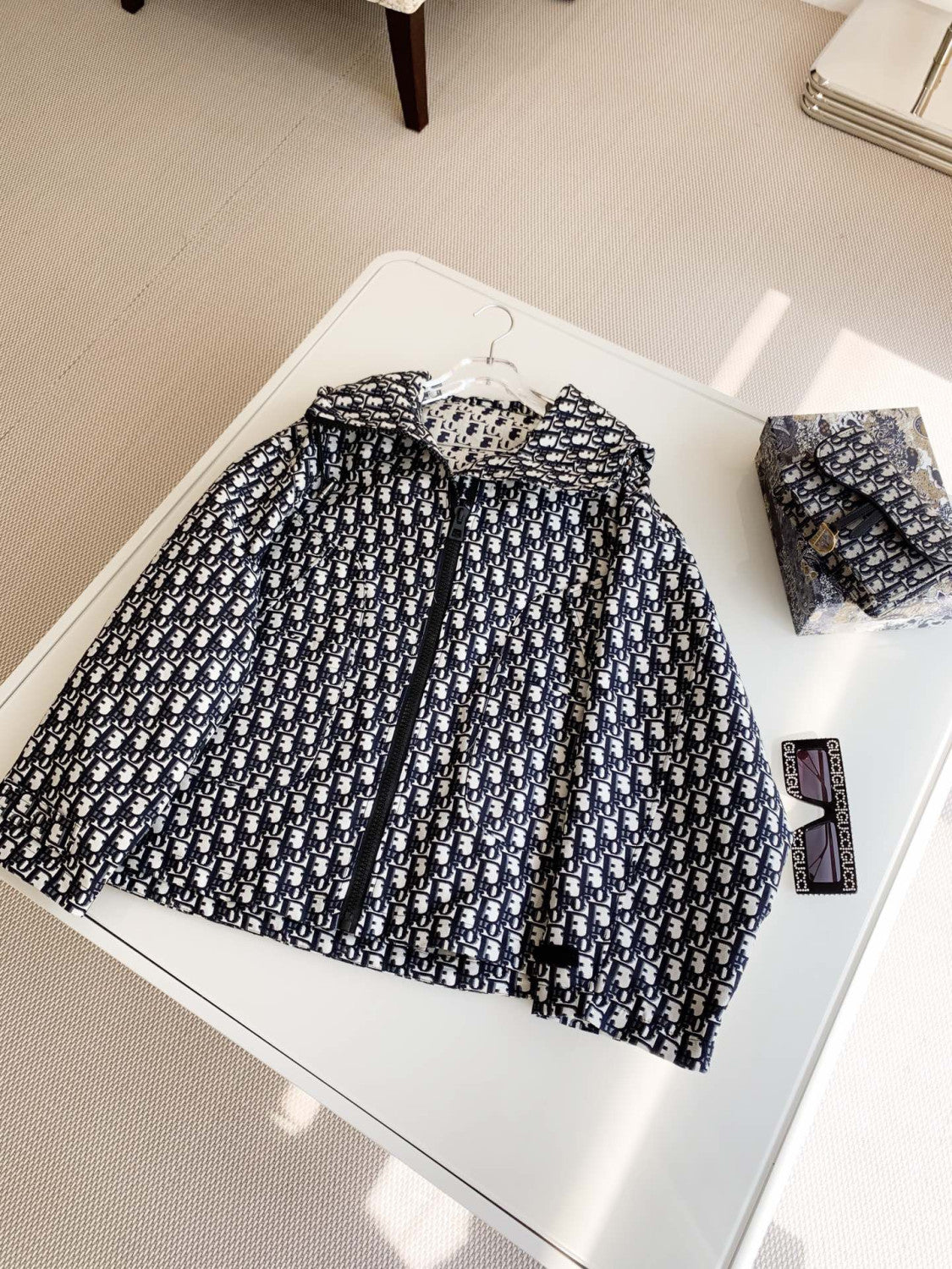 DIOR Hooded Jacket Blue Jacquard Technical Taffeta with Dior Oblique Motif #326749