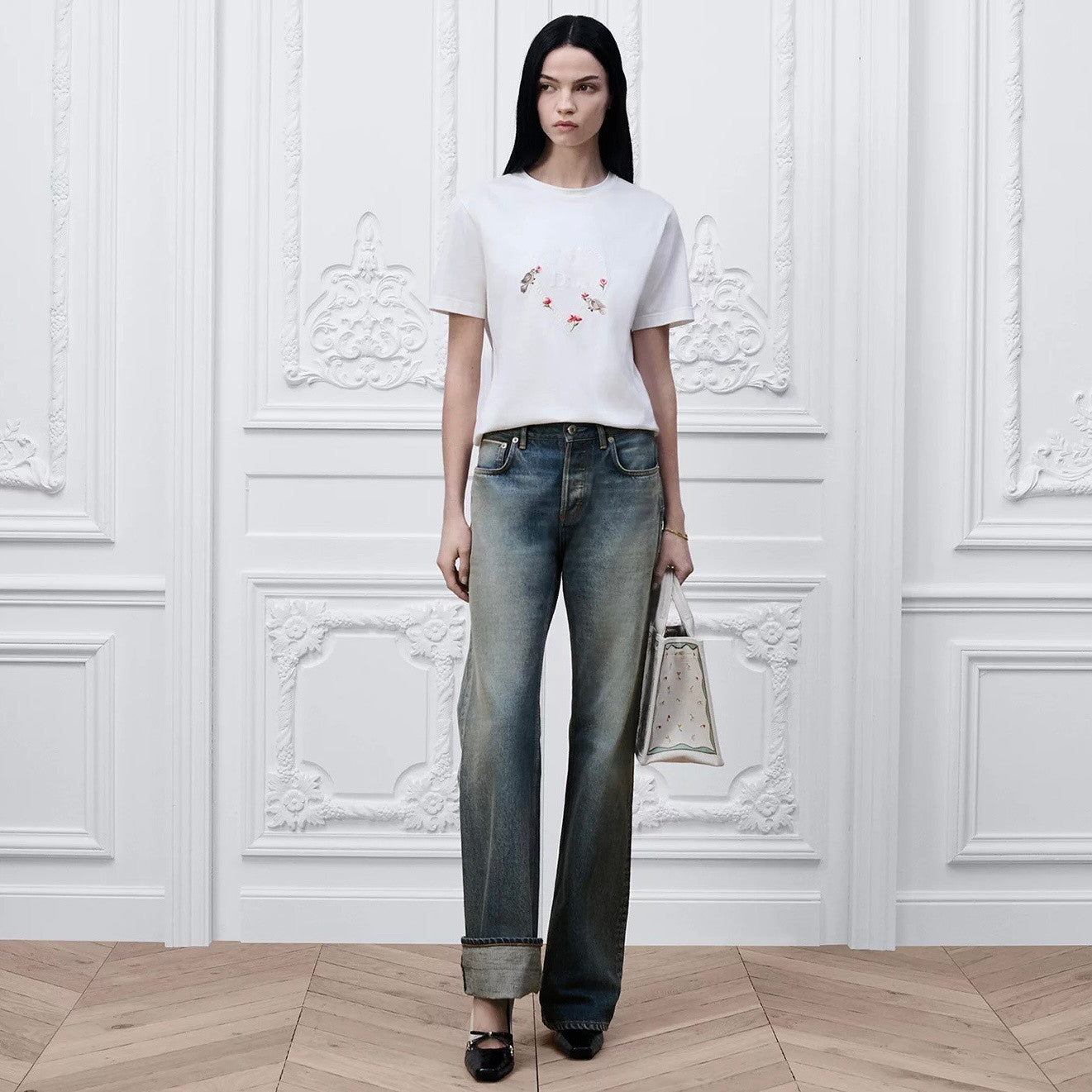 DIOR Dioramour Fitted T-Shirt White Cotton Jersey with Multicolor Doves Roses Motif #375761