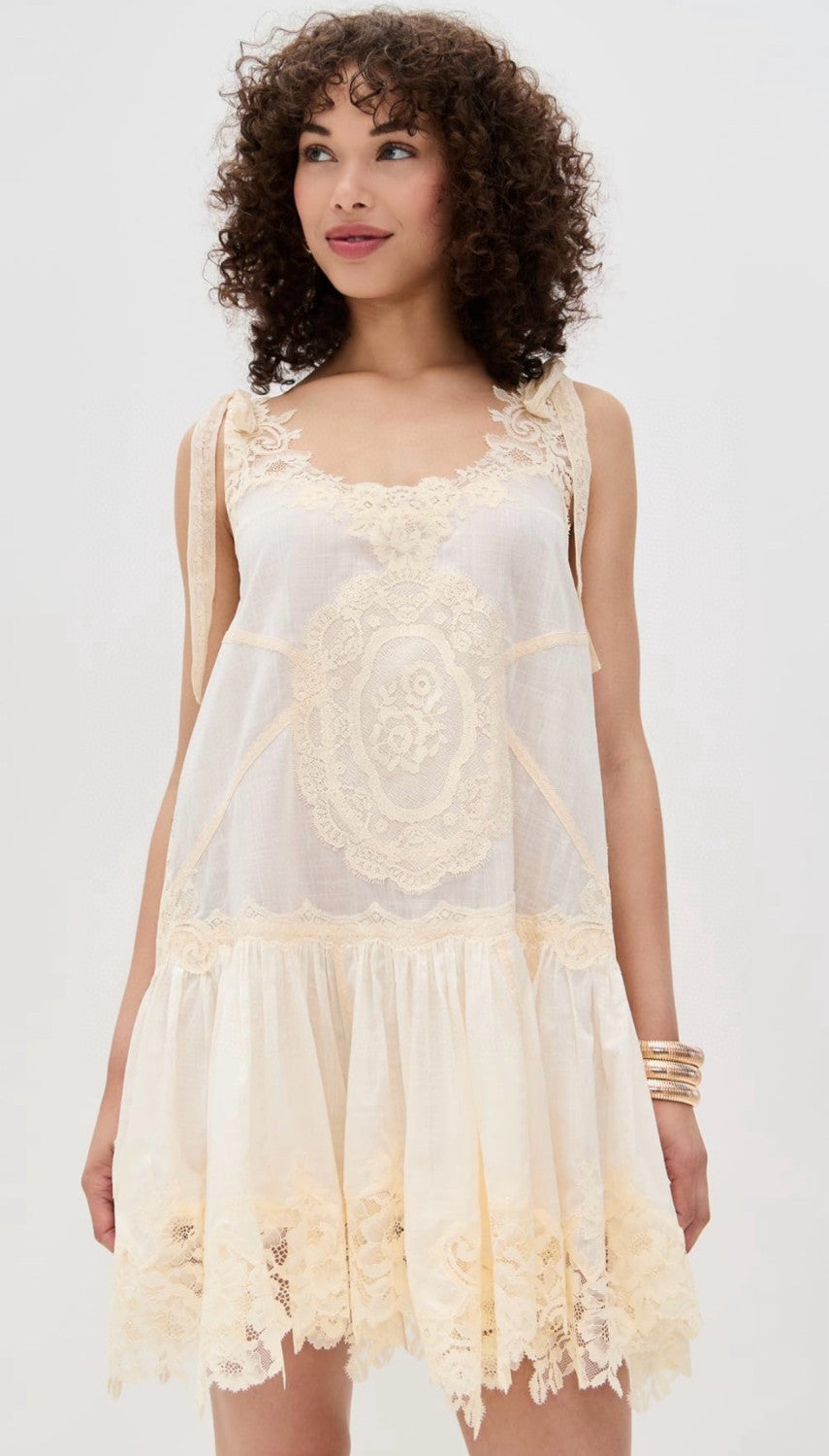 Zimmermann Women's Cascadian Lace Embroidered Contrast Color Patchwork Print V-Neck Summer Sleeveless Mini Dress #81568