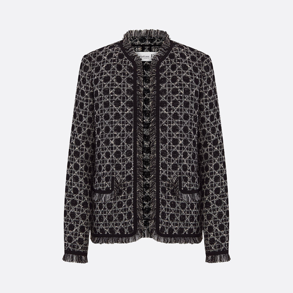 DIOR Macrocannage Regular Fit Jacket Mid-Length Macrocannage Flared Skirt  Black White Cotton-Blend Tweed Knit  #334340