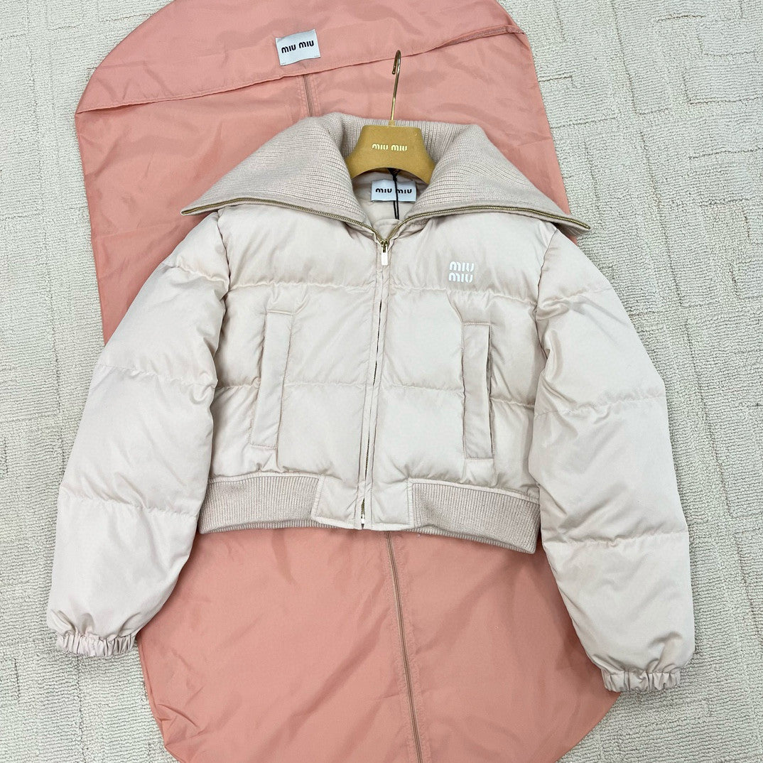 MiuMiu Women's Fall/Winter Logo-Printed Collar Zipper Goose Down Solid-Color Long-Sleeve Puffer Down Jacket #81739