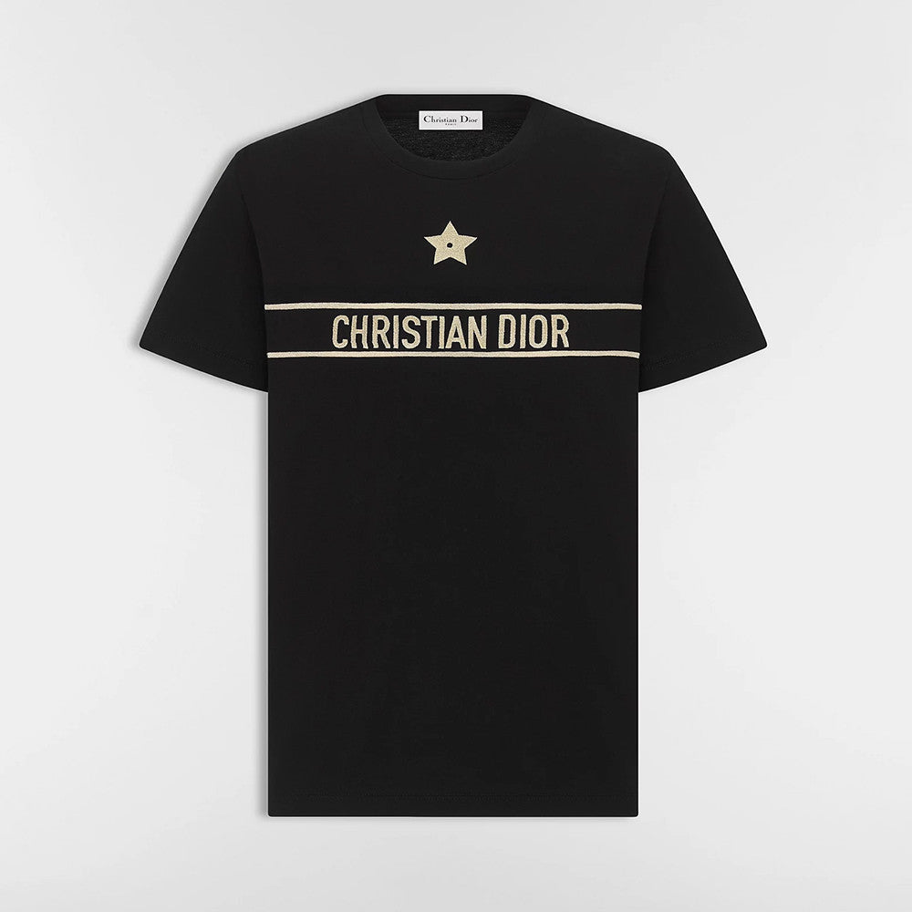 DIOR Embroidered T-Shirt Black and Gold-Tone Cotton Blend Jersey #336628