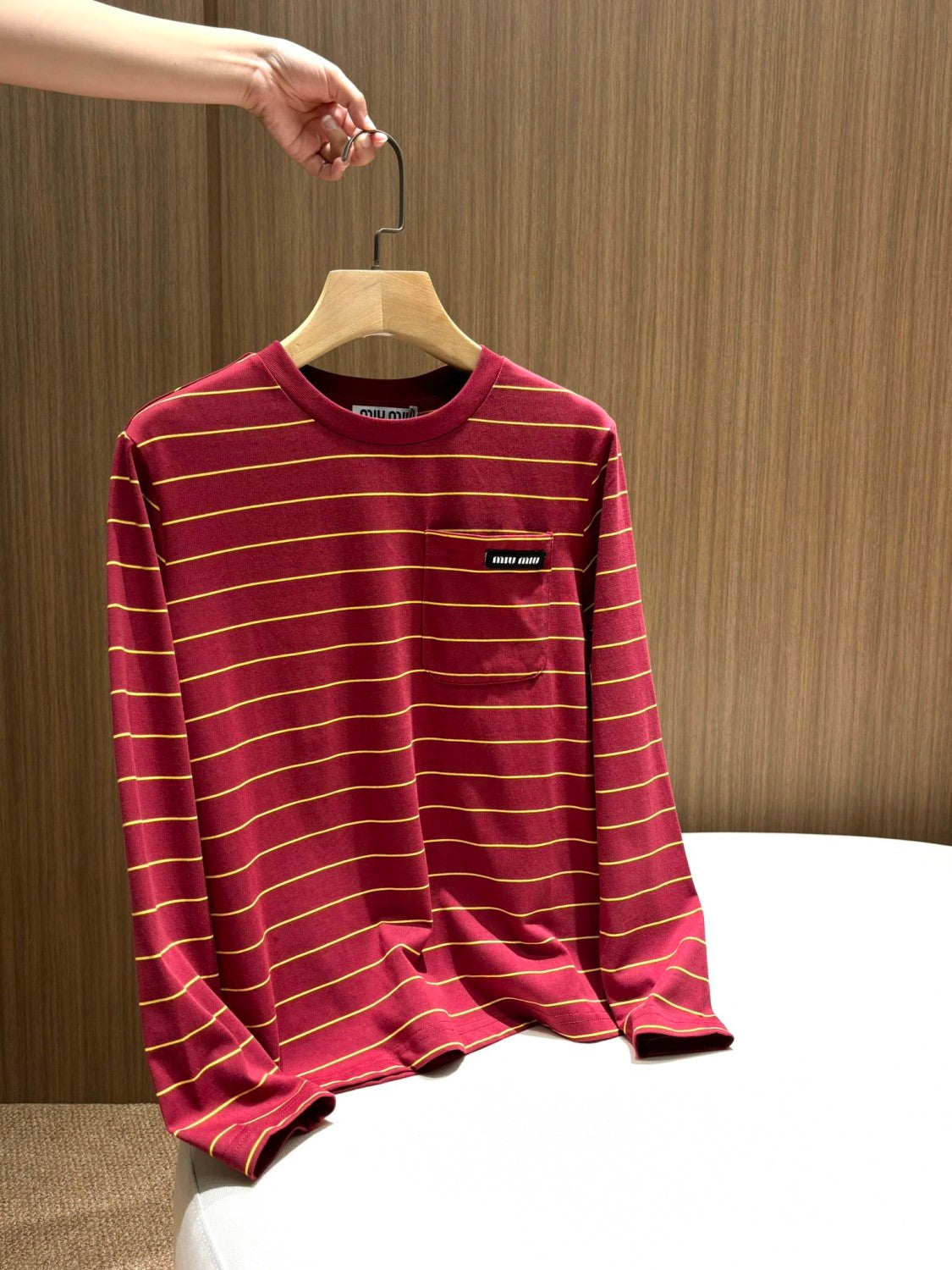 MiuMiu Women's Spring/Autumn Fashion Casual Cotton Plain Weave Knitted Striped Drop Shoulder Sleeve Round Neck Long Sleeve T-Shirt Top #78299