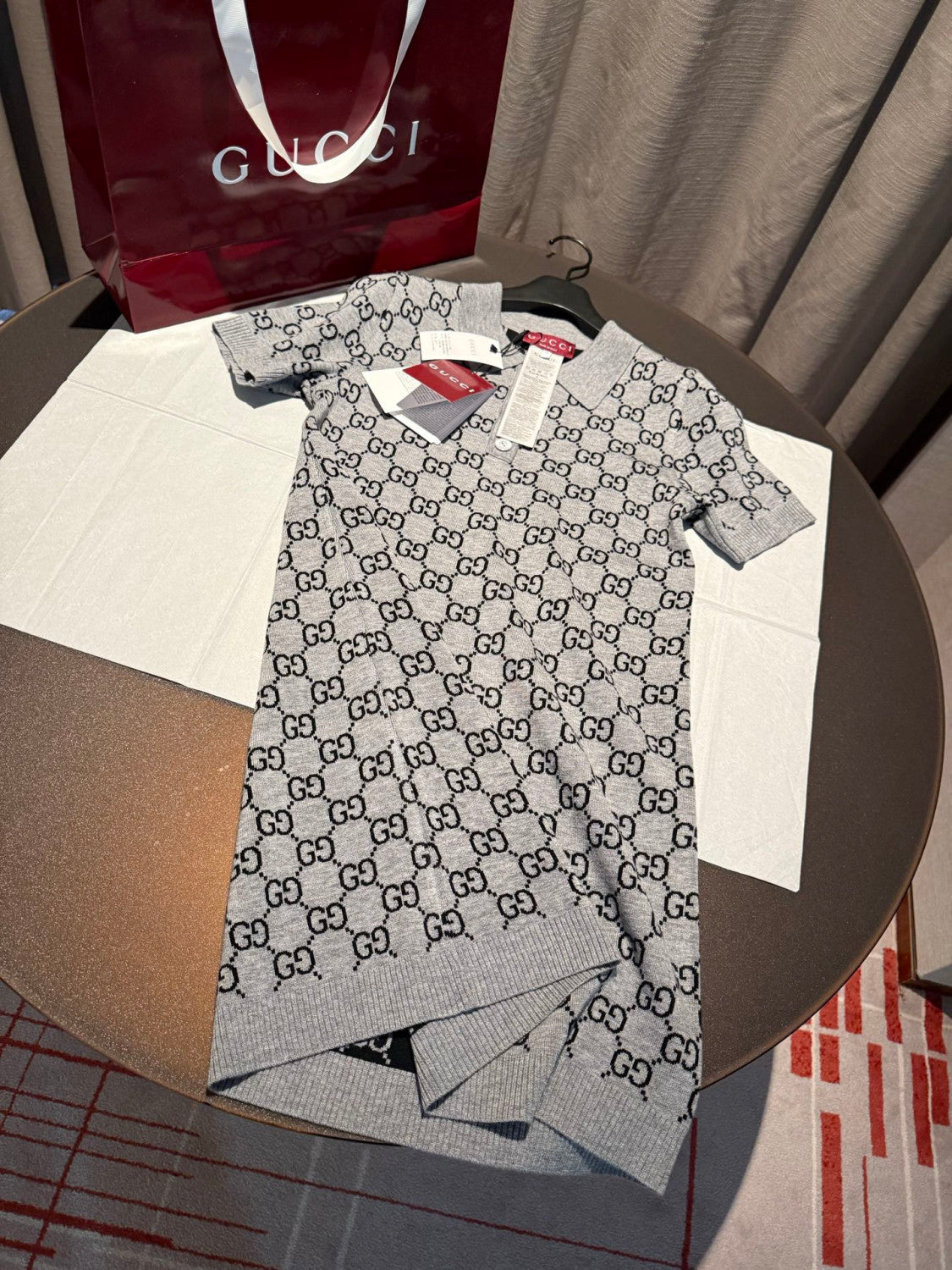 Gucci GG Wool Jacquard Polo Dress Grey Black #334214