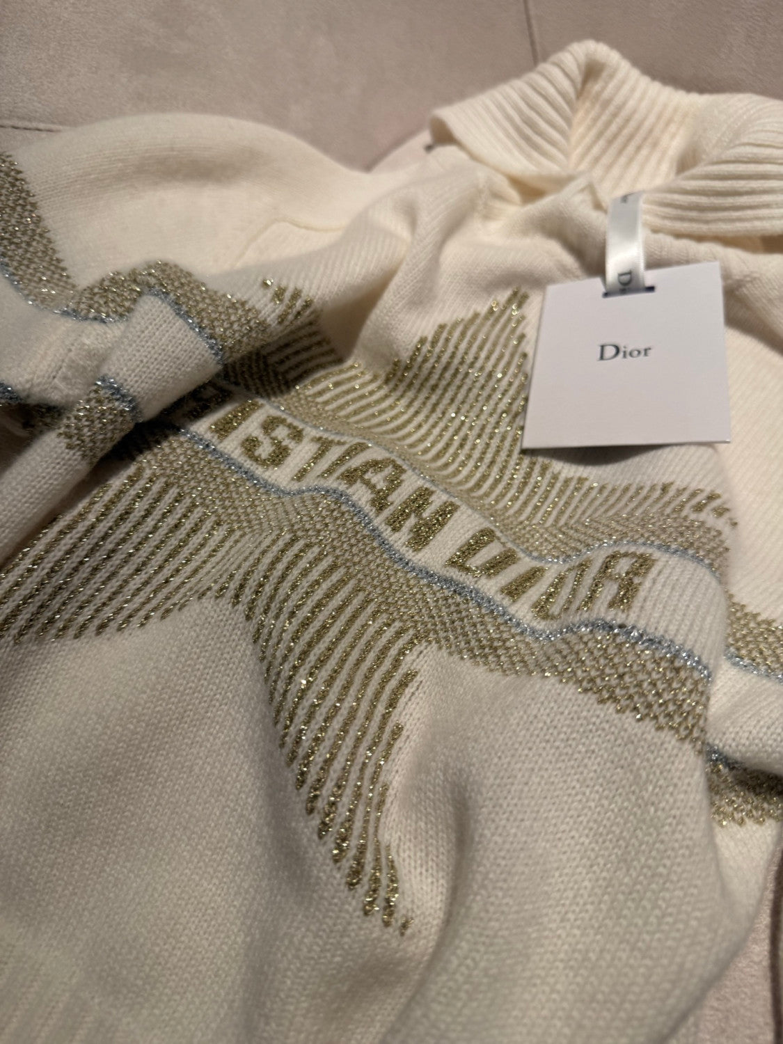 DIOR DiorAlps Mock Neck Sweater Ecru Virgin Wool Cashmere Blend Knit with Gold Tone Dior Star Motif #375804