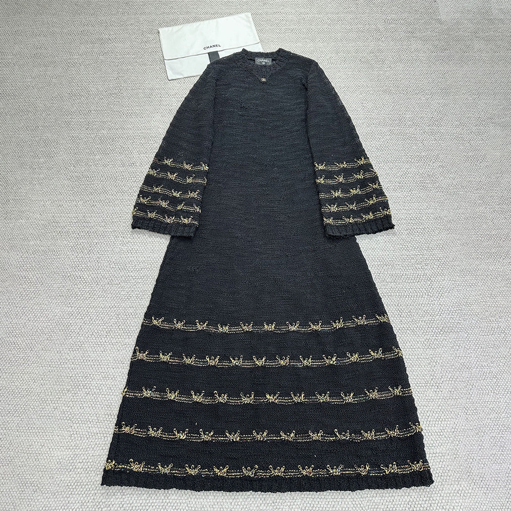 Chanel 25A Women's Long Dress Embroidered Virgin Wool Black and Gold #332236